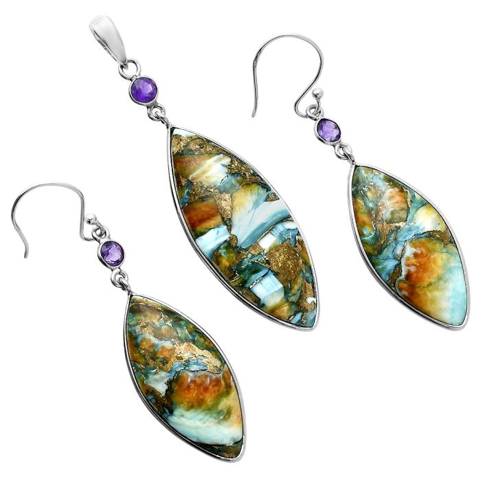 Spiny Oyster Turquoise and Amethyst Pendant Earrings Set EXT01590 T-1010, 15x37 mm