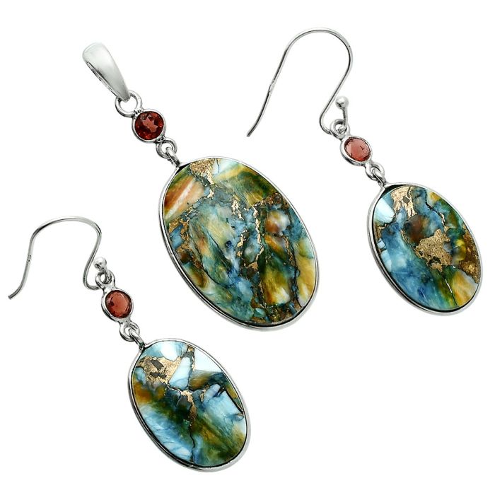 Spiny Oyster Turquoise and Garnet Pendant Earrings Set EXT01591 T-1010, 17x25 mm