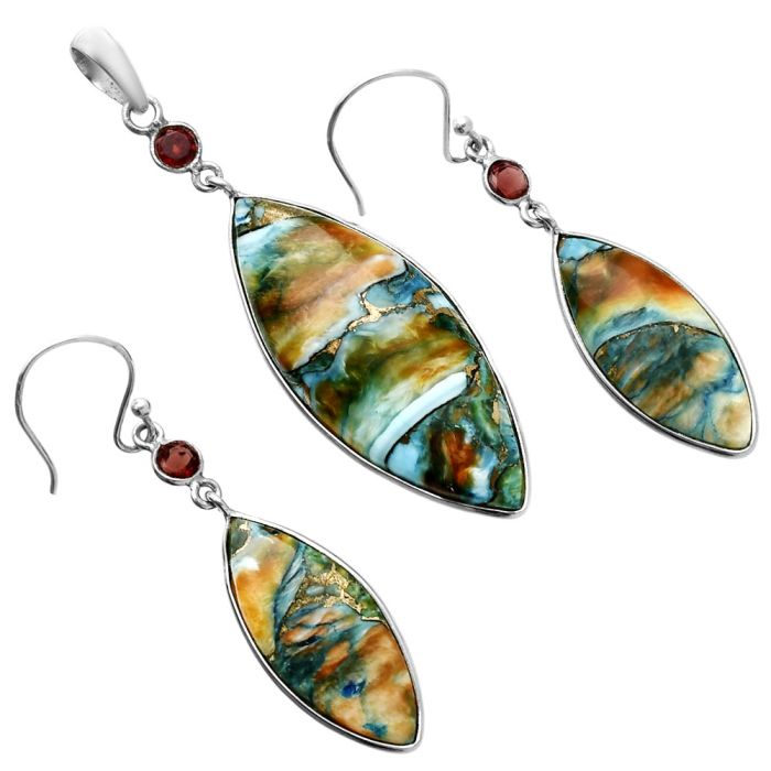 Spiny Oyster Turquoise and Garnet Pendant Earrings Set EXT01592 T-1010, 16x37 mm