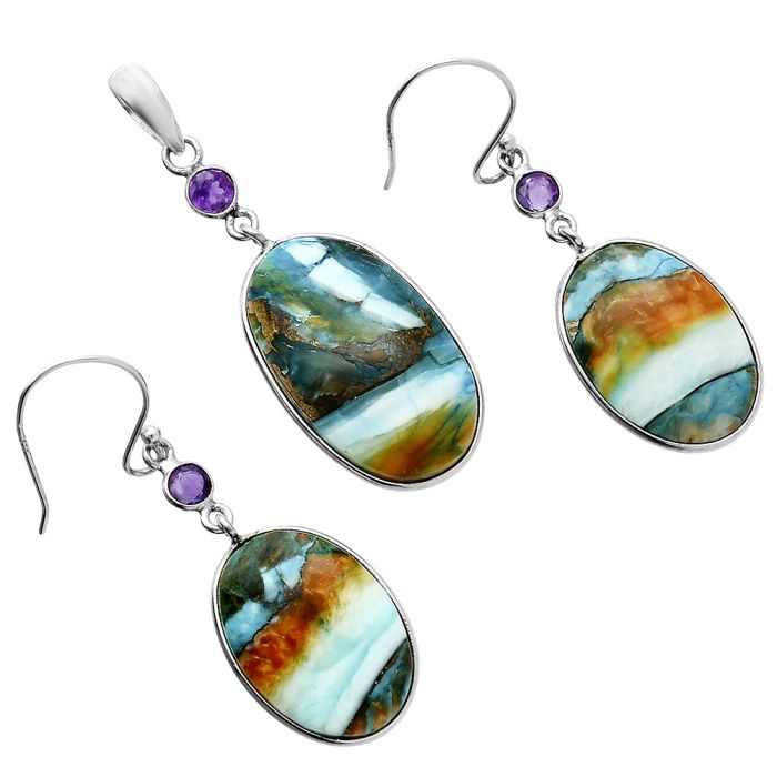 Spiny Oyster Turquoise and Amethyst Pendant Earrings Set EXT01593 T-1010, 15x25 mm