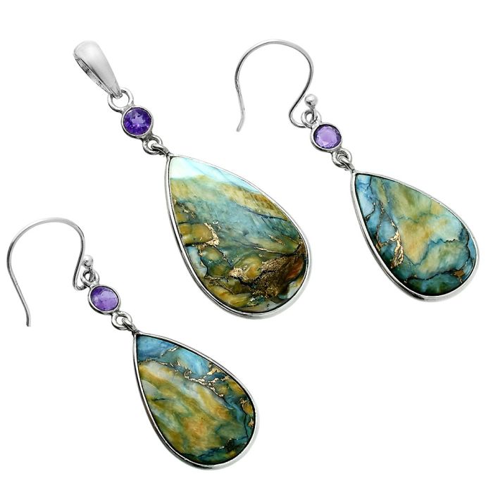 Spiny Oyster Turquoise and Amethyst Pendant Earrings Set EXT01594 T-1010, 16x26 mm