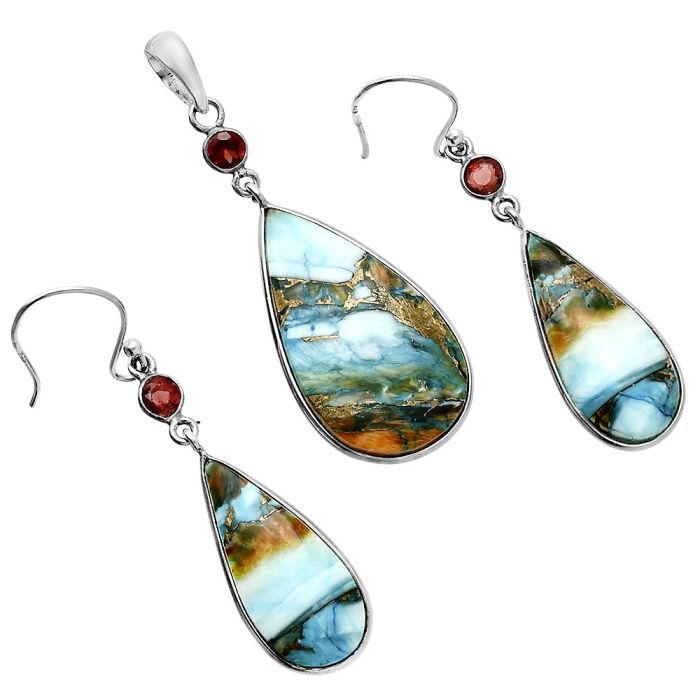 Spiny Oyster Turquoise and Garnet Pendant Earrings Set EXT01595 T-1010, 17x29 mm