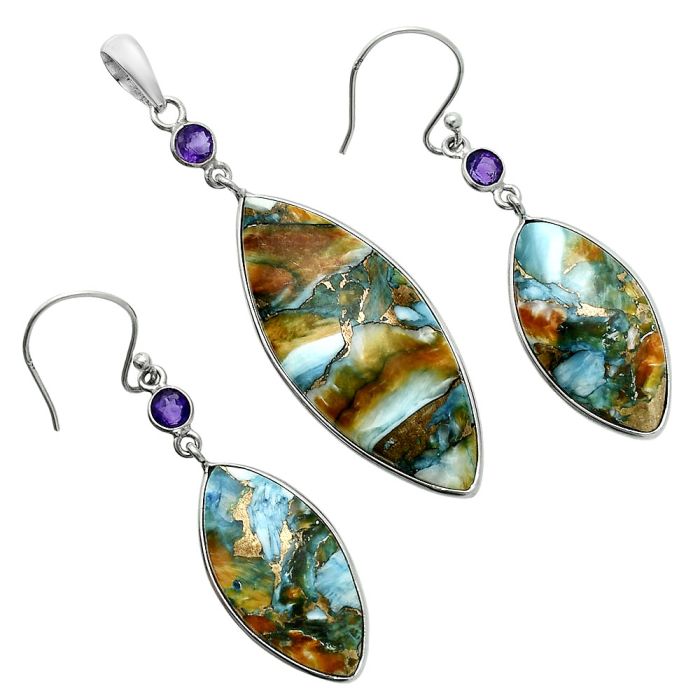 Spiny Oyster Turquoise and Amethyst Pendant Earrings Set EXT01596 T-1010, 16x37 mm