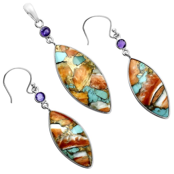 Spiny Oyster Turquoise and Amethyst Pendant Earrings Set EXT01597 T-1010, 15x34 mm