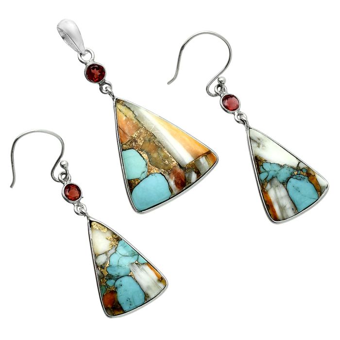 Spiny Oyster Turquoise and Garnet Pendant Earrings Set EXT01598 T-1010, 21x25 mm