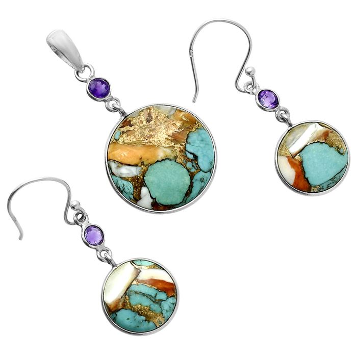 Spiny Oyster Turquoise and Amethyst Pendant Earrings Set EXT01599 T-1010, 19x19 mm