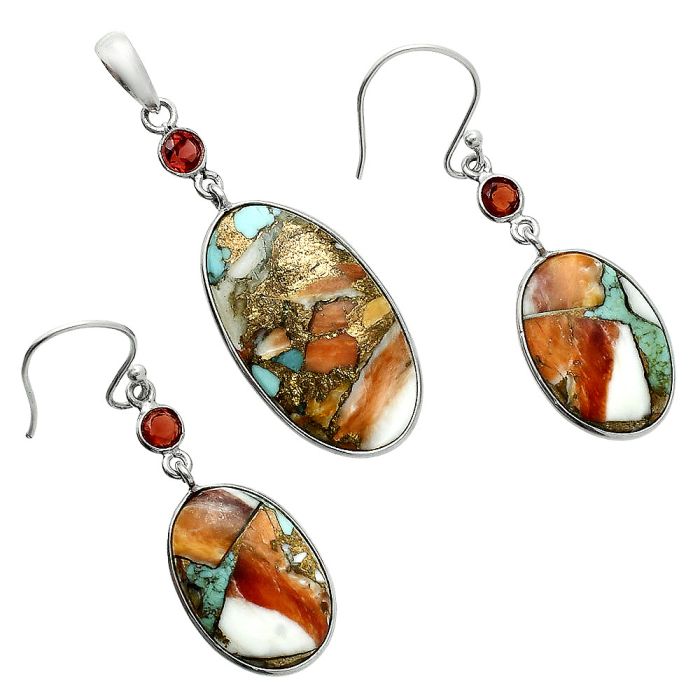 Spiny Oyster Turquoise and Garnet Pendant Earrings Set EXT01600 T-1010, 15x26 mm