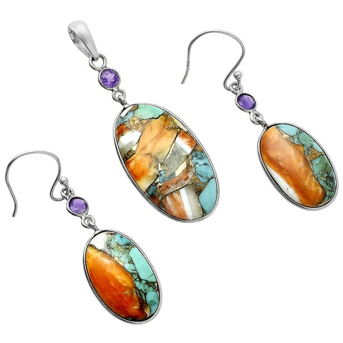 Spiny Oyster Turquoise and Amethyst Pendant Earrings Set EXT01601 T-1010, 15x27 mm