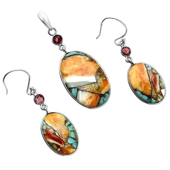 Spiny Oyster Turquoise and Garnet Pendant Earrings Set EXT01602 T-1010, 17x26 mm