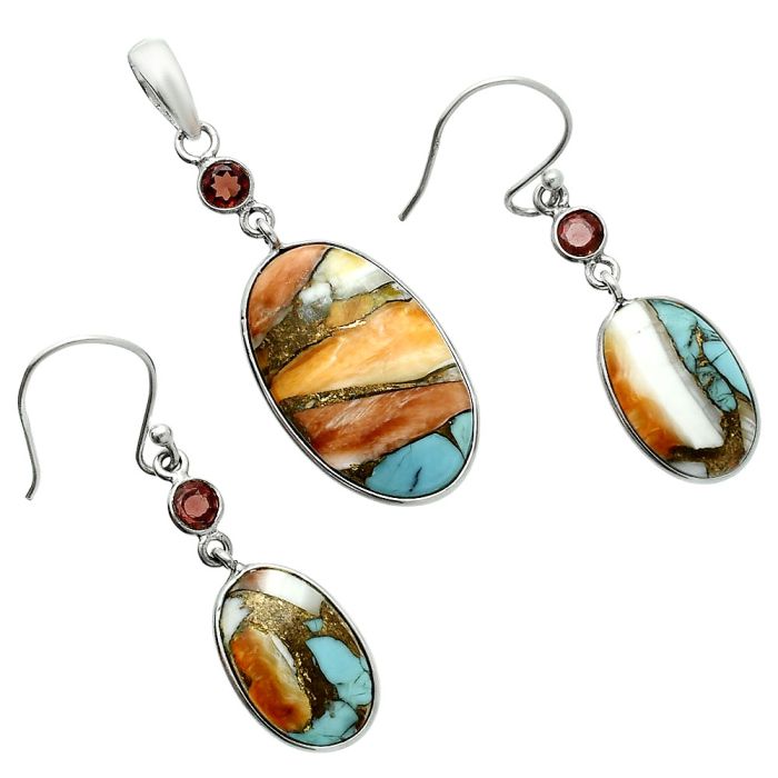 Spiny Oyster Turquoise and Garnet Pendant Earrings Set EXT01603 T-1010, 15x23 mm