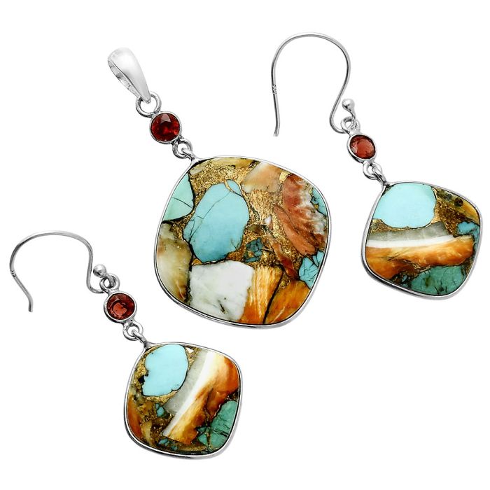 Spiny Oyster Turquoise and Garnet Pendant Earrings Set EXT01604 T-1010, 23x23 mm