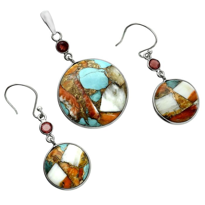 Spiny Oyster Turquoise and Garnet Pendant Earrings Set EXT01605 T-1010, 23x23 mm