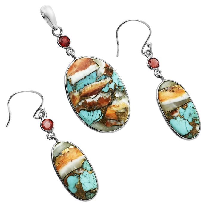 Spiny Oyster Turquoise and Garnet Pendant Earrings Set EXT01606 T-1010, 18x26 mm