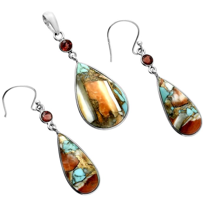 Spiny Oyster Turquoise and Garnet Pendant Earrings Set EXT01607 T-1010, 16x24 mm