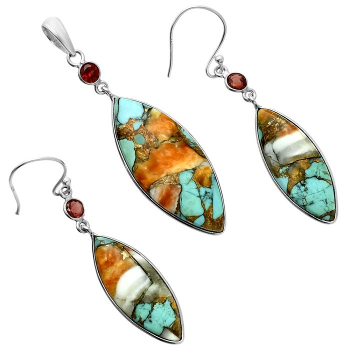 Spiny Oyster Turquoise and Garnet Pendant Earrings Set EXT01608 T-1010, 14x34 mm