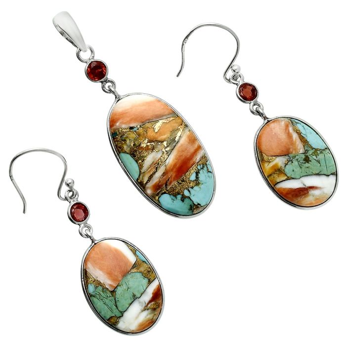 Spiny Oyster Turquoise and Garnet Pendant Earrings Set EXT01609 T-1010, 15x27 mm