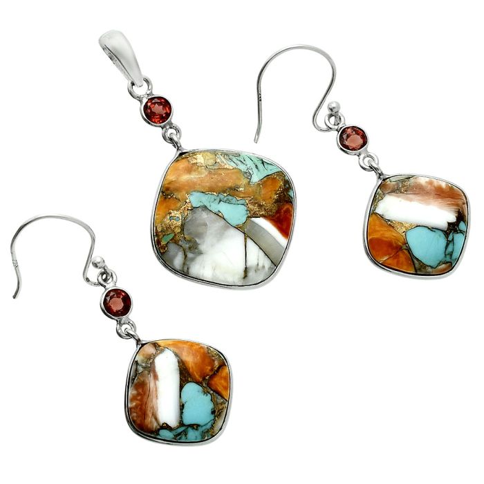 Spiny Oyster Turquoise and Garnet Pendant Earrings Set EXT01610 T-1010, 19x19 mm