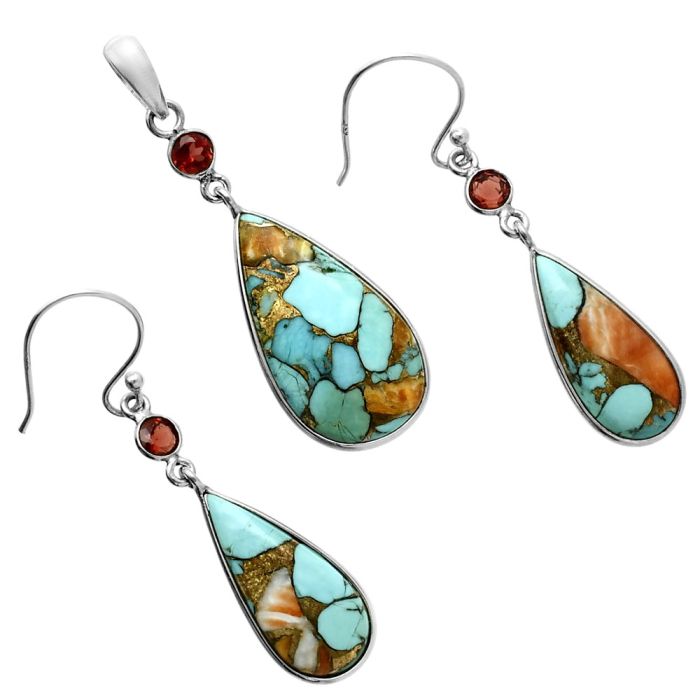 Spiny Oyster Turquoise and Garnet Pendant Earrings Set EXT01611 T-1010, 14x25 mm