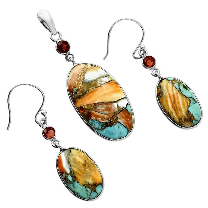 Spiny Oyster Turquoise and Garnet Pendant Earrings Set EXT01612 T-1010, 15x27 mm