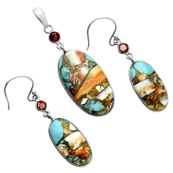 Spiny Oyster Turquoise and Garnet Pendant Earrings Set EXT01613 T-1010, 15x28 mm