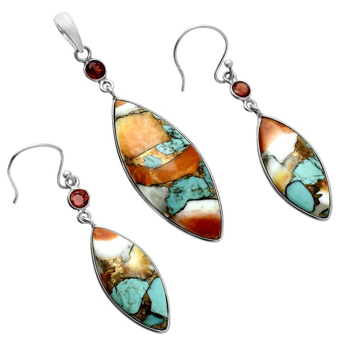 Spiny Oyster Turquoise and Garnet Pendant Earrings Set EXT01614 T-1010, 14x34 mm