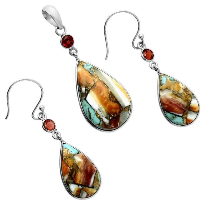 Spiny Oyster Turquoise and Garnet Pendant Earrings Set EXT01615 T-1010, 15x24 mm