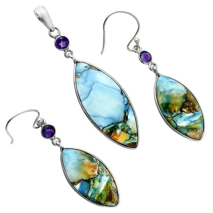 Spiny Oyster Turquoise and Amethyst Pendant Earrings Set EXT01616 T-1010, 14x32 mm