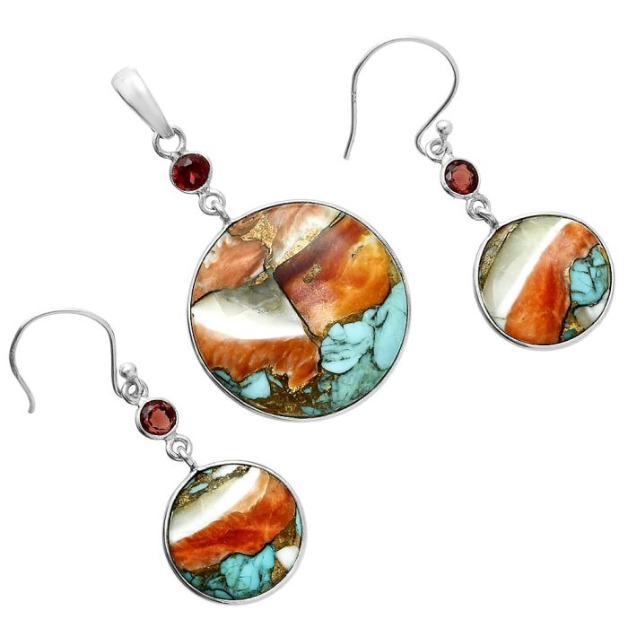 Spiny Oyster Turquoise and Garnet Pendant Earrings Set EXT01617 T-1010, 23x23 mm