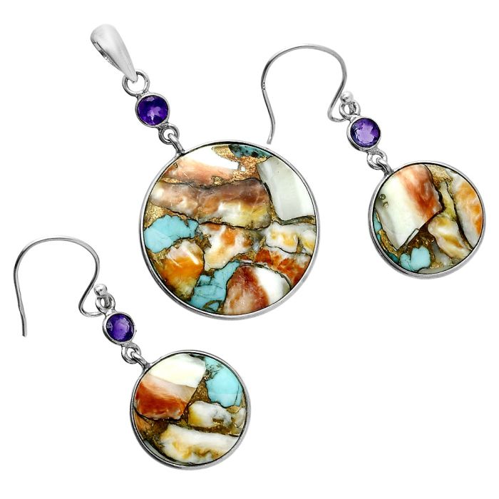 Spiny Oyster Turquoise and Amethyst Pendant Earrings Set EXT01618 T-1010, 23x23 mm