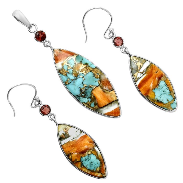 Spiny Oyster Turquoise and Garnet Pendant Earrings Set EXT01619 T-1010, 14x35 mm