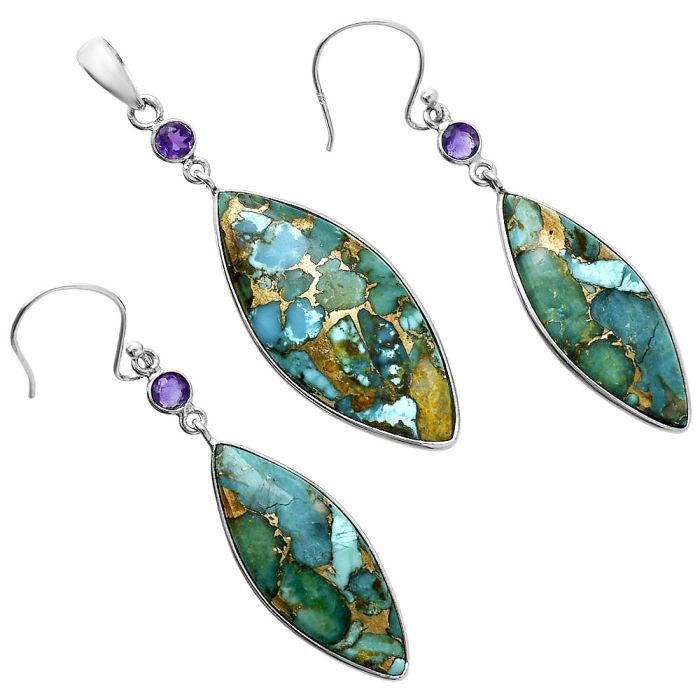 Kingman Copper Teal Turquoise and Amethyst Pendant Earrings Set EXT01620 T-1010, 15x33 mm