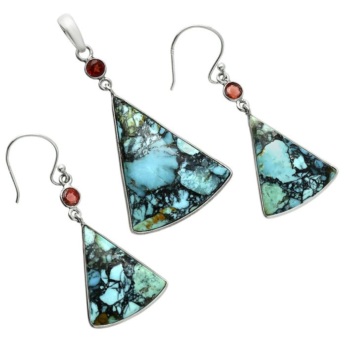 Lucky Charm Tibetan Turquoise and Garnet Pendant Earrings Set EXT01621 T-1010, 24x29 mm