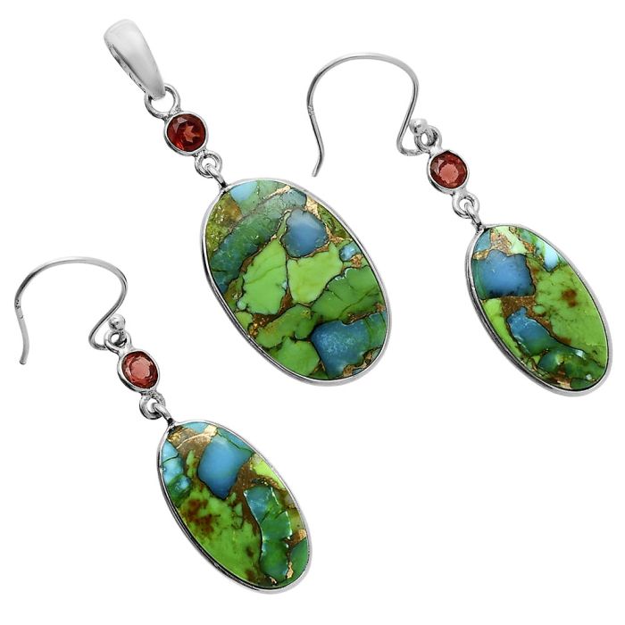 Blue Turquoise In Green Mohave and Garnet Pendant Earrings Set EXT01622 T-1010, 15x23 mm