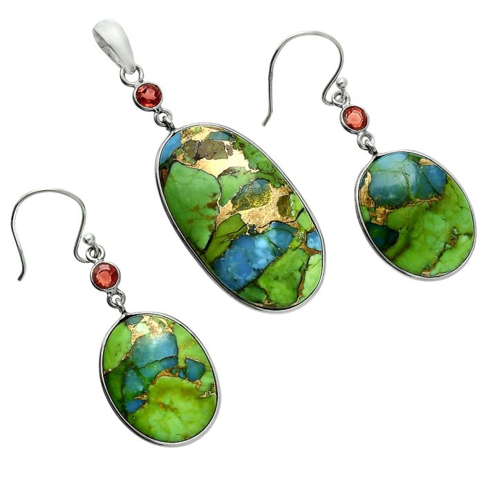 Blue Turquoise In Green Mohave and Garnet Pendant Earrings Set EXT01623 T-1010, 18x32 mm