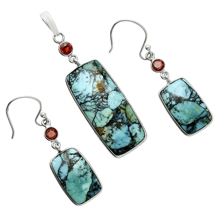 Lucky Charm Tibetan Turquoise and Garnet Pendant Earrings Set EXT01624 T-1010, 13x30 mm