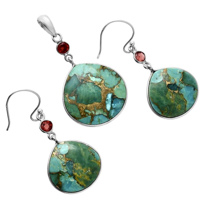 Kingman Copper Teal Turquoise and Garnet Pendant Earrings Set EXT01625 T-1010, 21x22 mm