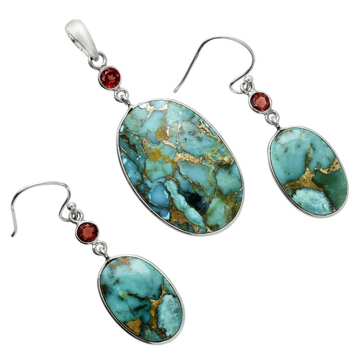 Kingman Copper Teal Turquoise and Garnet Pendant Earrings Set EXT01626 T-1010, 19x29 mm