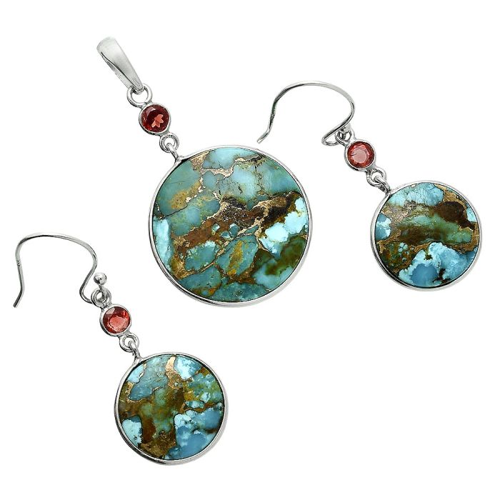 Kingman Copper Teal Turquoise and Garnet Pendant Earrings Set EXT01627 T-1010, 22x22 mm