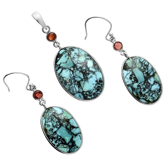 Lucky Charm Tibetan Turquoise and Garnet Pendant Earrings Set EXT01629 T-1010, 18x26 mm