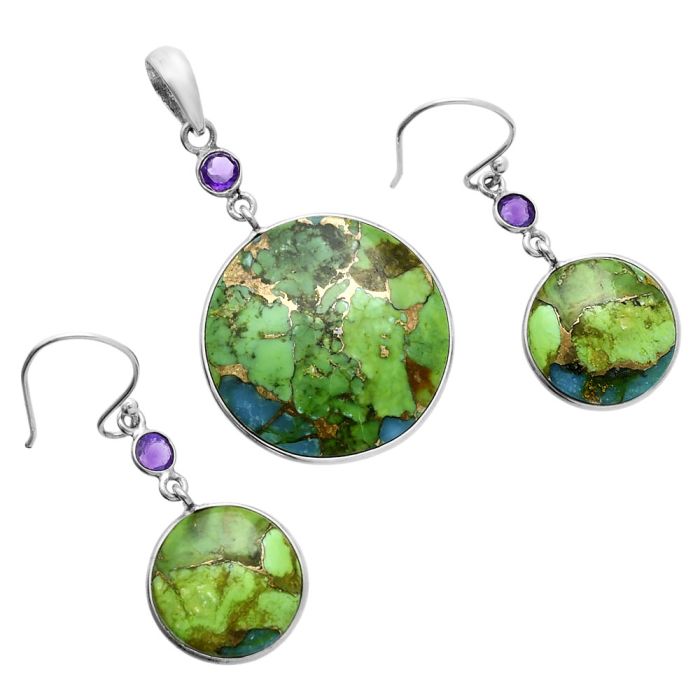 Blue Turquoise In Green Mohave and Amethyst Pendant Earrings Set EXT01630 T-1010, 24x24 mm