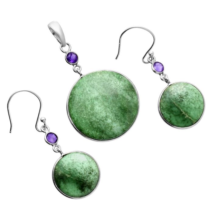 Utah Variscite and Amethyst Pendant Earrings Set EXT01631 T-1010, 23x23 mm