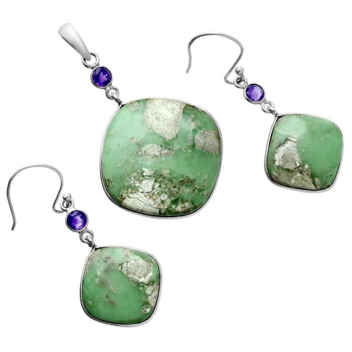 Utah Variscite and Amethyst Pendant Earrings Set EXT01632 T-1010, 24x24 mm