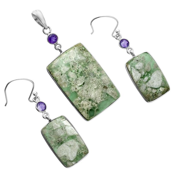 Utah Variscite and Amethyst Pendant Earrings Set EXT01636 T-1010, 18x28 mm