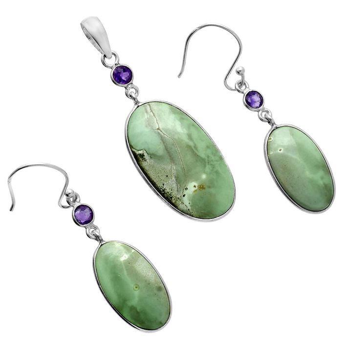 Utah Variscite and Amethyst Pendant Earrings Set EXT01638 T-1010, 15x27 mm