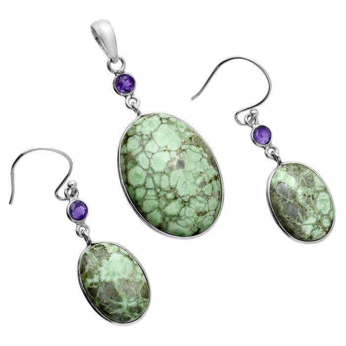 Utah Variscite and Amethyst Pendant Earrings Set EXT01640 T-1010, 18x25 mm