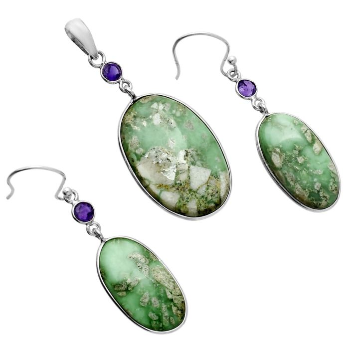 Utah Variscite and Amethyst Pendant Earrings Set EXT01641 T-1010, 17x27 mm