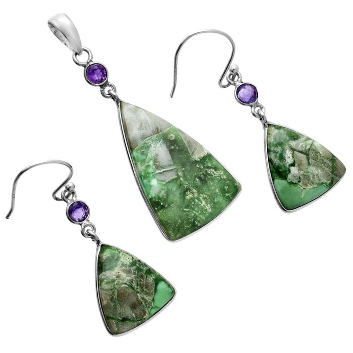 Utah Variscite and Amethyst Pendant Earrings Set EXT01642 T-1010, 17x27 mm