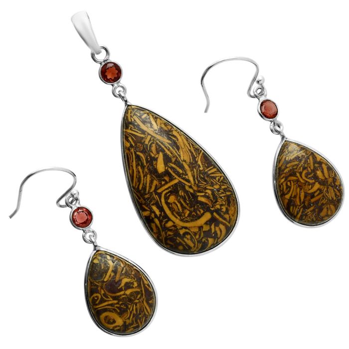 Coquina Fossil Jasper and Garnet Pendant Earrings Set EXT01644 T-1010, 18x32 mm