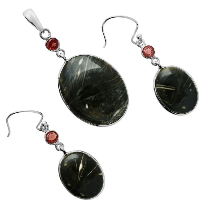 Bat Cave Jasper and Garnet Pendant Earrings Set EXT01645 T-1010, 19x25 mm