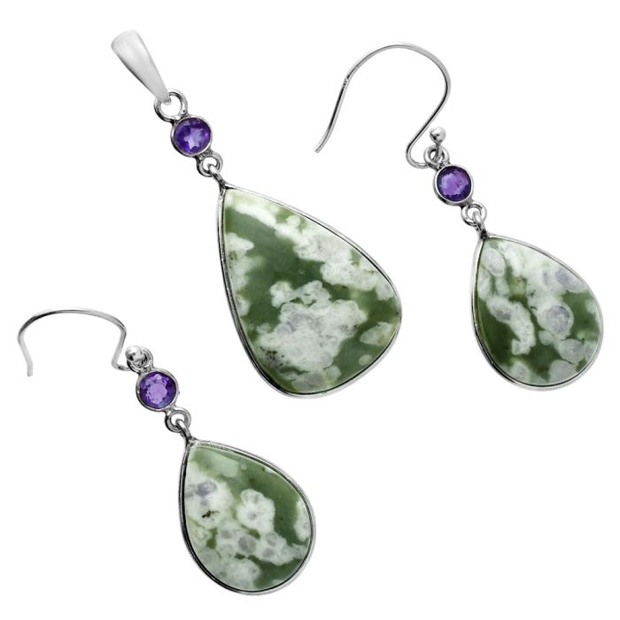 Peace Jade and Amethyst Pendant Earrings Set EXT01648 T-1010, 17x25 mm